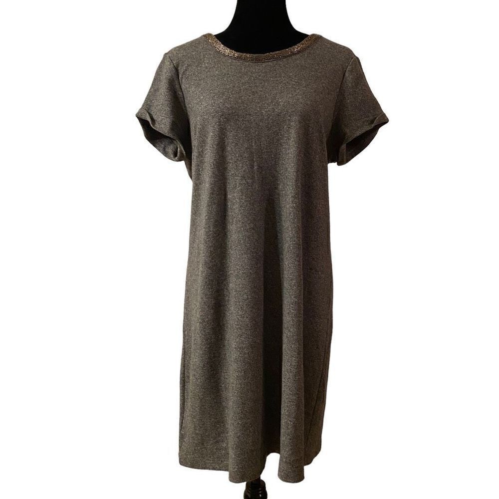 Ann Taylor LOFT Casual Gray Short Sleeve Sheath Dress with Metallic Trimmed Coll